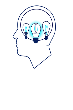 Graphic: shows human head with lightbulb ideas